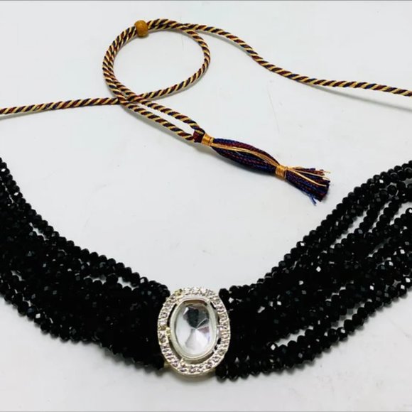 Black Beaded Necklace, Handmade Black Beaded Multilayered Choker Necklace - Picture 4 of 8